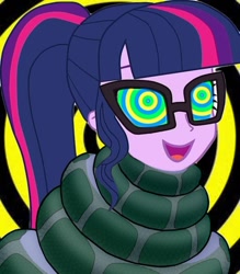 Size: 720x821 | Tagged: safe, artist:whitty101919, sci-twi, twilight sparkle, human, snake, equestria girls, g4, coils, cute, female, glasses, hypno eyes, hypnosis, hypnotized, kaa, kaa eyes, open mouth, open smile, smiling, twiabetes, wrapped snugly, wrapped up