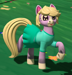 Size: 1001x1043 | Tagged: safe, artist:mosssong, earth pony, pony, open pony, 3d, animal crossing, cleo (animal crossing), clothes, coat markings, colored eyelashes, colored hooves, colored muzzle, colored pinnae, crossover, facial markings, female, hooves, mare, open mouth, open smile, pleated skirt, ponified, prancing, purple eyelashes, raised hoof, raised leg, second life, shirt, skirt, smiling, solo, sparkly eyes, standing on two hooves, stripe (coat marking), white hooves, wingding eyes