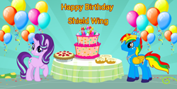 Size: 1518x772 | Tagged: safe, artist:lizzmcclin, artist:shieldwingarmorofgod, starlight glimmer, oc, oc:shield wing, alicorn, unicorn, g4, alicorn oc, balloon, cake, female, food, happy birthday, horn, male, wings