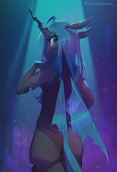 Size: 1299x1894 | Tagged: safe, artist:blcksswn, queen chrysalis, changeling, changeling queen, anthro, g4, abstract background, ahoge, back, backlighting, big eyes, black body, blush scribble, blushing, bugbutt, butt, changeling horn, changeling wings, chrysalass, clothes, colored pupils, dress, eye clipping through hair, eyelashes, female, floppy ears, frown, frowning at you, green eyes, green pupils, horn, insect wings, long ears, long horn, looking at you, looking back, looking back at you, raised arm, rear view, see-through, see-through dress, shiny eyes, shiny wings, signature, slender, slit pupils, solo, spotlight, standing, straight hair, straight mane, straight tail, strapless, strapless dress, teal hair, teal mane, teal tail, thin, watermark, wings, wings down