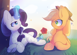 Size: 3000x2150 | Tagged: safe, artist:miryelis, applejack, rarity, earth pony, pony, unicorn, g4, big ears, blushing, duo, duo female, female, flower, full body, horn, lesbian, magic, mare, rose, ship:rarijack, shipping