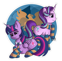 Size: 4644x4571 | Tagged: safe, artist:tenderrain-art, starlight glimmer, twilight sparkle, alicorn, pony, g4, clothes, duo, duo female, female, harry potter (series), lying down, necktie, prone, ravenclaw, scarf, socks, striped scarf, striped socks, twilight sparkle (alicorn)