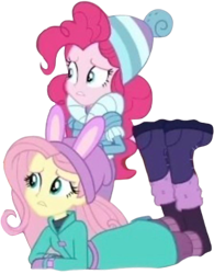 Size: 1966x2520 | Tagged: safe, edit, edited screencap, editor:homersimpson1983, screencap, fluttershy, pinkie pie, human, equestria girls, g4, background removed, boots, clothes, duo, duo female, female, hat, not a vector, shoes, simple background, skinny, thin, transparent background, winter coat, winter hat, winter outfit