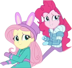 Size: 2676x2520 | Tagged: safe, edit, edited screencap, editor:mrtoonlover83, screencap, fluttershy, pinkie pie, human, equestria girls, g4, background removed, clothes, duo, duo female, female, hat, not a vector, simple background, skinny, thin, transparent background, winter outfit