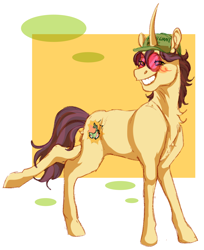 Size: 1304x1595 | Tagged: safe, artist:cactiflowers, oc, oc only, pony, unicorn, abstract background, hat, horn, male, passepartout, solo, stallion, sunglasses