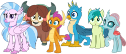 Size: 1679x722 | Tagged: safe, edit, edited screencap, editor:pascalmulokozi2, screencap, gallus, ocellus, sandbar, silverstream, smolder, yona, changedling, changeling, classical hippogriff, dragon, earth pony, griffon, hippogriff, pony, yak, g4, background removed, cloven hooves, dragoness, female, male, simple background, student six, transparent background