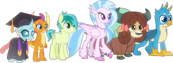 Size: 1708x620 | Tagged: safe, edit, edited screencap, editor:pascalmulokozi2, screencap, gallus, ocellus, sandbar, silverstream, smolder, yona, changedling, changeling, classical hippogriff, dragon, earth pony, griffon, hippogriff, pony, yak, g4, background removed, cloven hooves, dragoness, female, male, simple background, stallion, student six, transparent background