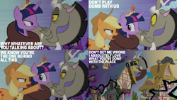 Size: 2000x1125 | Tagged: safe, edit, edited screencap, editor:quoterific, screencap, applejack, discord, twilight sparkle, alicorn, g4, princess twilight sparkle (episode), big crown thingy, black vine, camera, element of honesty, element of magic, jewelry, ponyville, regalia, twilight sparkle (alicorn)