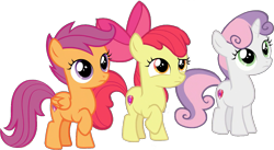 Size: 1315x722 | Tagged: safe, edit, edited screencap, editor:pascalmulokozi2, screencap, apple bloom, scootaloo, sweetie belle, earth pony, pegasus, pony, unicorn, g4, background removed, bangs, cute, cutie mark crusaders, eyes open, female, filly, foal, horn, simple background, standing, transparent background, trio