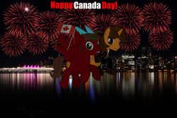 Size: 5184x3456 | Tagged: safe, artist:rogan140, oc, oc only, oc:ej, oc:rogan, canada, canada day, canadian, canadian flag, city, duo, fireworks, male, reflection, water