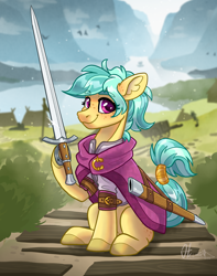 Size: 2482x3155 | Tagged: safe, artist:helmie-art, oc, oc only, oc:karoline skies, earth pony, pony, clothes, ear fluff, earth pony oc, female, looking at you, mare, scenery, sitting, smiling, smiling at you, solo, sword, weapon