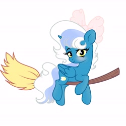 Size: 6890x6890 | Tagged: safe, artist:riofluttershy, oc, oc only, oc:fleurbelle, alicorn, pony, alicorn oc, blushing, bow, broom, female, flying, flying broomstick, hair bow, horn, mare, simple background, smiling, solo, white background, wings, yellow eyes