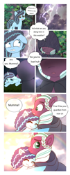 Size: 1586x3924 | Tagged: safe, artist:jaanhavi, misty brightdawn, opaline arcana, alicorn, pony, unicorn, g5, backstory, cloak, cloaked, clothes, comic, crying, dialogue, duo, duo female, female, filly, filly misty brightdawn, first meeting, foal, horn, hug, mama opaline, mare, nicealine, outdoors, rain, speech bubble, teary eyes, thought bubble, thunderstorm, younger