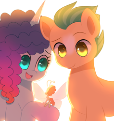 Size: 3882x4090 | Tagged: safe, artist:jaanhavi, hitch trailblazer, misty brightdawn, breezie, earth pony, pony, unicorn, family trees, g5, my little pony: make your mark, my little pony: make your mark chapter 5, spoiler:g5, blaze (coat marking), coat markings, duo, duo focus, duo male and female, facial markings, female, horn, looking at someone, male, mare, open mouth, raised hoof, rebirth misty, simple background, socks (coat markings), stallion, white background