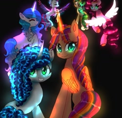 Size: 1323x1280 | Tagged: safe, artist:jaanhavi, hitch trailblazer, izzy moonbow, misty brightdawn, pipp petals, sparky sparkeroni, sunny starscout, zipp storm, alicorn, dragon, earth pony, pegasus, pony, unicorn, g5, artificial horn, artificial wings, augmented, colored wings, crown, dark background, eyes closed, female, folded wings, group, group photo, horn, jewelry, looking at you, male, mane five, mane six (g5), mane stripe sunny, mare, race swap, regalia, smiling, spread wings, stallion, sunnycorn, wings