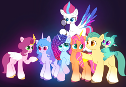 Size: 6962x4826 | Tagged: safe, artist:jaanhavi, hitch trailblazer, izzy moonbow, misty brightdawn, pipp petals, sparky sparkeroni, sunny starscout, zipp storm, alicorn, dragon, earth pony, pegasus, pony, unicorn, g5, artificial horn, artificial wings, augmented, blaze (coat marking), coat markings, colored wings, crown, dark background, facial markings, female, folded wings, group, group photo, hoof around neck, horn, jewelry, looking at someone, magnifying glass, male, mane five, mane six (g5), mane stripe sunny, mare, multicolored wings, open mouth, open smile, race swap, raised hoof, rebirth misty, regalia, smiling, socks (coat markings), spread wings, stallion, sunnycorn, wings