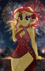 Size: 1280x2000 | Tagged: safe, artist:emeraldblast63, sunset shimmer, human, equestria girls, g4, 4th of july, adult, bare shoulders, beautiful, beautisexy, breasts, busty sunset shimmer, cleavage, clothes, curvy, cyan eyes, dress, event, eyeshadow, female, festival, fireworks, flower, flower in hair, happy, holiday, human coloration, humanized, independence day, inviting, long hair, looking at you, makeup, minidress, orange skin, png, ponerpics import, reasonably sized breasts, red eyeshadow, rose, schrödinger's pantsu, sexy, sleeveless, smiling, smiling at you, solo, sparkles, stupid sexy sunset shimmer, twibooru import, two toned hair, united states, watching, waving, waving arms, waving at you, young