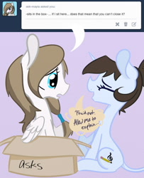 Size: 650x800 | Tagged: safe, artist:bluemusicorn, oc, oc only, oc:mayia, pegasus, pony, unicorn, box, duo, female, horn, mare, pony in a box