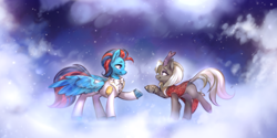 Size: 4000x1993 | Tagged: safe, artist:mirroredsea, oc, oc only, oc:andrew swiftwing, oc:jinx kurai, oc:swift sail, crystal pony, kirin, pegasus, bowtie, clothes, cloud, cloven hooves, dress, duo, duo male and female, female, horn, jewelry, kirin oc, male, pegasus oc, romantic, scales, shipping, smiling, space, spread wings, stars, suit, wings
