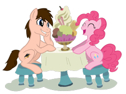 Size: 1024x768 | Tagged: safe, pinkie pie, oc, oc:braden, earth pony, pony, g4, ^^, canon x oc, date, dessert, duo, duo male and female, eyes closed, female, food, imminent stuffing, male, mare, simple background, sitting, stallion, table, transparent background