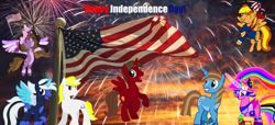 Size: 5472x2487 | Tagged: safe, artist:rogan140, oc, oc only, oc:firey ratchet, oc:ghostpony, oc:miguel, oc:princess kincade, oc:rainbow sparkle, oc:rogan, oc:sharp stars, 4th of july, american independence day, female, holiday, independence day, male