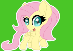 Size: 2283x1614 | Tagged: safe, artist:jmuniz, fluttershy, pegasus, pony, g4, chibi, cute, female, green background, happy, looking at you, mare, open mouth, open smile, outline, shyabetes, simple background, smiling, solo, sticker