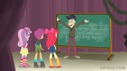 Size: 520x293 | Tagged: safe, screencap, apple bloom, cranky doodle donkey, scootaloo, sweetie belle, human, equestria girls, g4, happily ever after party, happily ever after party: rainbow dash, my little pony equestria girls: choose your own ending, animated, chalkboard, cutie mark crusaders, female, gif, gifrun.com, male, math