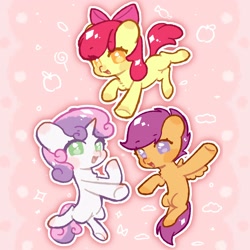 Size: 2880x2879 | Tagged: safe, artist:awei1561, apple bloom, scootaloo, sweetie belle, earth pony, pegasus, pony, unicorn, g4, apple, candy, cloud, cutie mark crusaders, female, filly, foal, food, horn, lollipop, open mouth, outline, pink background, simple background, smiling, sparkles, white outline