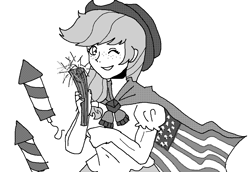 Size: 1116x770 | Tagged: safe, artist:sunnyloquacity, applejack, human, g4, 4th of july, american flag, applejack's hat, cape, clothes, cowboy hat, cute, female, fireworks, freckles, grin, hat, holiday, humanized, jackabetes, monochrome, shirt, simple background, skirt, smiling, solo, white background