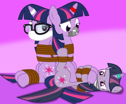Size: 2000x1655 | Tagged: safe, artist:cardshark777, mean twilight sparkle, sci-twi, twilight sparkle, alicorn, pony, unicorn, equestria girls, g4, abstract background, angry, back to back, bondage, bound, bound and gagged, bound together, bound wings, cloth gag, confused, digital art, gag, glasses, gradient background, helpless, hooves on face, horn, horn ring, inhibitor ring, jewelry, looking back, looking down, lying down, magic suppression, over the nose gag, prone, restrained, ring, rope, rope bondage, self paradox, self ponidox, tape, tape gag, threelight sparkles, tied up, trio, twilight sparkle (alicorn), twolight, unamused, unicorn sci-twi, wings