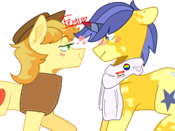 Size: 1600x1200 | Tagged: safe, artist:cerealmiilk, artist:femurthechangeling, braeburn, comet tail, earth pony, pony, unicorn, g4, alternate design, base used, braeburn's hat, clothes, duo, duo male, gay, hat, horn, male, rarepair, redesign, scarf, ship:cometburn, simple background, transparent background, white scarf