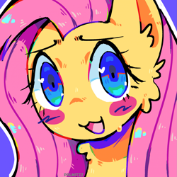 Size: 1919x1919 | Tagged: safe, artist:polmitz, fluttershy, pegasus, pony, g4, :3, blushing, bust, female, looking at you, mare, open mouth, open smile, portrait, signature, smiling, solo