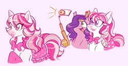 Size: 1200x619 | Tagged: safe, artist:lemoocado, pipp petals, horse, pegasus, pony, g5, bowtie, candi (wild manes), cellphone, crossover, diadem, duo, duo female, female, hair over one eye, hoof hold, jewelry, mare, open mouth, open smile, phone, pink background, regalia, royalty, selfie, selfie stick, signature, simple background, smartphone, smiling, tail, taking a photo, wild manes