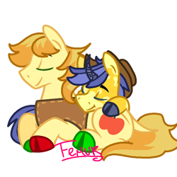 Size: 768x768 | Tagged: safe, artist:box-of-ideas, artist:femurthechangeling, braeburn, comet tail, earth pony, pony, unicorn, g4, base used, braeburn's hat, clothes, cloven hooves, colored hooves, cuddling, duo, duo male, g5 horn, gay, hat, hooves, horn, male, multicolored hooves, rarepair, ship:cometburn, signature, simple background, sleeping, snuggling, stallion, transparent background, vest