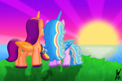 Size: 1800x1200 | Tagged: safe, artist:jesslmc16, izzy moonbow, sunny starscout, alicorn, pony, g5, alicorn izzy, alicornified, alternate universe, artificial horn, artificial wings, augmented, cliff, duo, duo female, female, grass, headcanon, horn, izzy rainbow, izzycorn, lesbian, mane stripe sunny, ocean, race swap, reflection, ship:moonscout, shipping, signature, sunnycorn, sunset, water