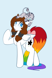 Size: 1365x2048 | Tagged: safe, artist:mscolorsplash, oc, oc only, oc:color splash, oc:cornflake, pegasus, pony, zebra, biting, bow, colored pupils, commission, concave belly, duo, ear bite, female, foal, hair bow, light blue background, looking back, mare, pigtails, rainbow tail, simple background, tail, tail bow, twintails, zebra oc