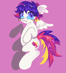 Size: 2048x2265 | Tagged: safe, artist:larvaecandy, oc, oc only, oc:sunset swirl, pegasus, pony, :3, artfight, big hooves, blue pupils, blue sclera, colored pinnae, colored pupils, ear fluff, eye clipping through hair, eyelashes, fangs, floppy ears, flying, gift art, high res, lineless, long tail, looking back, multicolored mane, multicolored sclera, multicolored tail, pegasus oc, ponysona, purple background, purple eyes, purple sclera, rearing, short mane, simple background, small wings, smiling, solo, sparkly eyes, spiky mane, spiky tail, spread wings, tail, unusual pupils, wingding eyes, wings