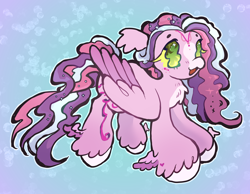 Size: 2048x1587 | Tagged: safe, artist:larvaecandy, oc, oc only, oc:sweet dreams, pegasus, pony, :3, abstract background, art fight, artfight, beanbrows, big hooves, blush lines, blushing, chest fluff, colored hooves, colored muzzle, colored sclera, colored wings, colored wingtips, ear fluff, eyebrows, female, floppy ears, folded wings, forehead jewelry, freckles, gift art, green eyes, heart, heart mark, hooves, large wings, long eyelashes, long mane, long tail, mare, mare oc, multicolored mane, multicolored tail, no pupils, open mouth, open smile, pegasus oc, purple coat, purple wingtips, smiling, solo, sparkly eyes, sparkly mane, sparkly tail, standing, tail, three toned mane, three toned tail, tri-color mane, tri-color tail, tri-colored mane, tri-colored tail, tricolor mane, tricolor tail, tricolored mane, tricolored tail, two toned wings, unshorn fetlocks, wavy mane, wavy tail, white hooves, wingding eyes, winged hooves, wings, yellow sclera