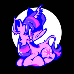 Size: 1280x1280 | Tagged: safe, artist:glorioustragedykid, twilight sparkle, pony, unicorn, g4, bangs, big ears, big eyes, big head, big hooves, black background, blush sticker, blushing, cel shading, circle background, colored pinnae, colored pupils, crooked horn, ear fluff, eyelashes, female, horn, leonine tail, looking back, lying down, mare, multicolored mane, multicolored tail, no mouth, passepartout, ponyloaf, profile, prone, purple coat, purple eyes, purple pupils, saturated, shading, simple background, sitting, solo, tail, tail fluff, three toned mane, three toned tail, unicorn horn, unicorn twilight