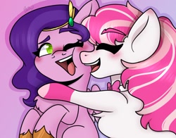 Size: 1292x1013 | Tagged: safe, artist:dj axel, pipp petals, horse, pegasus, pony, g5, blushing, bowtie, candi (wild manes), chest fluff, crossover, diadem, duo, duo female, eyes closed, female, gradient background, hug, jewelry, mare, one eye closed, open mouth, open smile, regalia, royalty, signature, smiling, unshorn fetlocks, wild manes