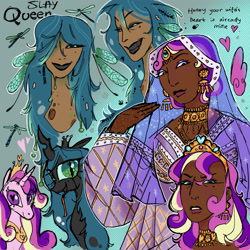 Size: 2048x2048 | Tagged: safe, artist:regenko, princess cadance, queen chrysalis, alicorn, changeling, changeling queen, dragonfly, human, insect, g4, dark skin, duo, duo female, female, gradient background, heart, heart eyes, humanized, infidelity, lesbian, ship:cadalis, shipping, tan skin, wingding eyes