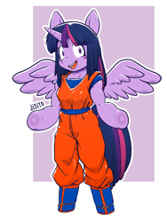 Size: 3072x4096 | Tagged: safe, artist:jisito, twilight sparkle, alicorn, anthro, unguligrade anthro, g4, arm hooves, clothes, cosplay, costume, dragon ball, hoof heart, open mouth, open smile, smiling, solo, son goku, twilight sparkle (alicorn), underhoof