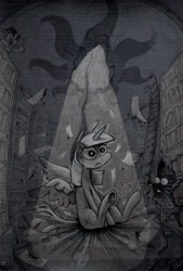 Size: 1335x1975 | Tagged: safe, artist:regenko, owlowiscious, spike, twilight sparkle, alicorn, bird, dragon, owl, pony, g4, book, bookshelf, grayscale, ladder, library, monochrome, trio, twilight sparkle (alicorn)