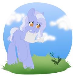 Size: 3000x3000 | Tagged: safe, artist:xcinnamon-twistx, oc, oc:niezapominajka, earth pony, flower, forget-me-not (flower), gardening, plant, watering