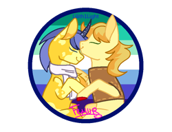Size: 824x632 | Tagged: safe, artist:femurthechangeling, artist:lilith1light, braeburn, comet tail, earth pony, pony, unicorn, g4, alternate design, base used, clothes, g5 horn, gay, gay pride flag, horn, male, pride, pride flag, redesign, scarf, ship:cometburn, shipping, signature, simple background, transparent background, vest, white scarf