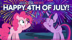 Size: 3840x2160 | Tagged: safe, artist:zslnews, pinkie pie, twilight sparkle, alicorn, earth pony, pony, g4, 4th of july, ^^, american independence day, cheering, duo, duo female, eyes closed, female, fireworks, folded wings, holiday, hoof in air, hooves up, independence day, independence day 2024, mare, night, night sky, open mouth, sky, twilight sparkle (alicorn), wings