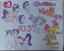 Size: 3105x2498 | Tagged: safe, artist:blackblade360, apple bloom, scootaloo, scootaloo (g3), sweetie belle, sweetie belle (g3), earth pony, pegasus, pony, unicorn, g3, g3.5, g4, bow, colored pencil drawing, cutie mark crusaders, evolution, female, filly, foal, generation leap, glowing, glowing horn, green eyes, green glow, hair bow, horn, irl, lifting, looking up, magic, mare, multiple characters, open mouth, orange coat, orange eyes, paper, photo, purple eyes, purple mane, raised leg, rearing, red mane, red tail, signature, simple background, smiling, spread wings, tail, telekinesis, title card, traditional art, two toned mane, two toned tail, white background, white coat, wings, yellow coat