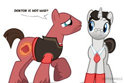 Size: 1875x1250 | Tagged: safe, artist:zeffdakilla, earth pony, pony, unicorn, bald, crossover, duo, duo male, heavy weapons guy, horn, looking at each other, looking at someone, male, medic (tf2), no mane, pleading, ponified, raised hoof, red coat, sad, simple background, stallion, standing, team fortress 2, white background