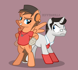 Size: 1393x1250 | Tagged: safe, artist:zeffdakilla, pegasus, pony, unicorn, angry, bipedal, crossover, duo, duo male, horn, leaning, leaning on someone, male, medic (tf2), ponified, scout (tf2), smiling, smug, stallion, team fortress 2