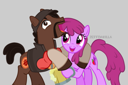 Size: 1875x1250 | Tagged: safe, artist:zeffdakilla, berry punch, berryshine, earth pony, pony, g4, arm around back, cider, demoman, drunk, duo, duo male and female, female, gray background, happy, laughing, male, mare, ponified, raised hoof, simple background, smiling, stallion, team fortress 2